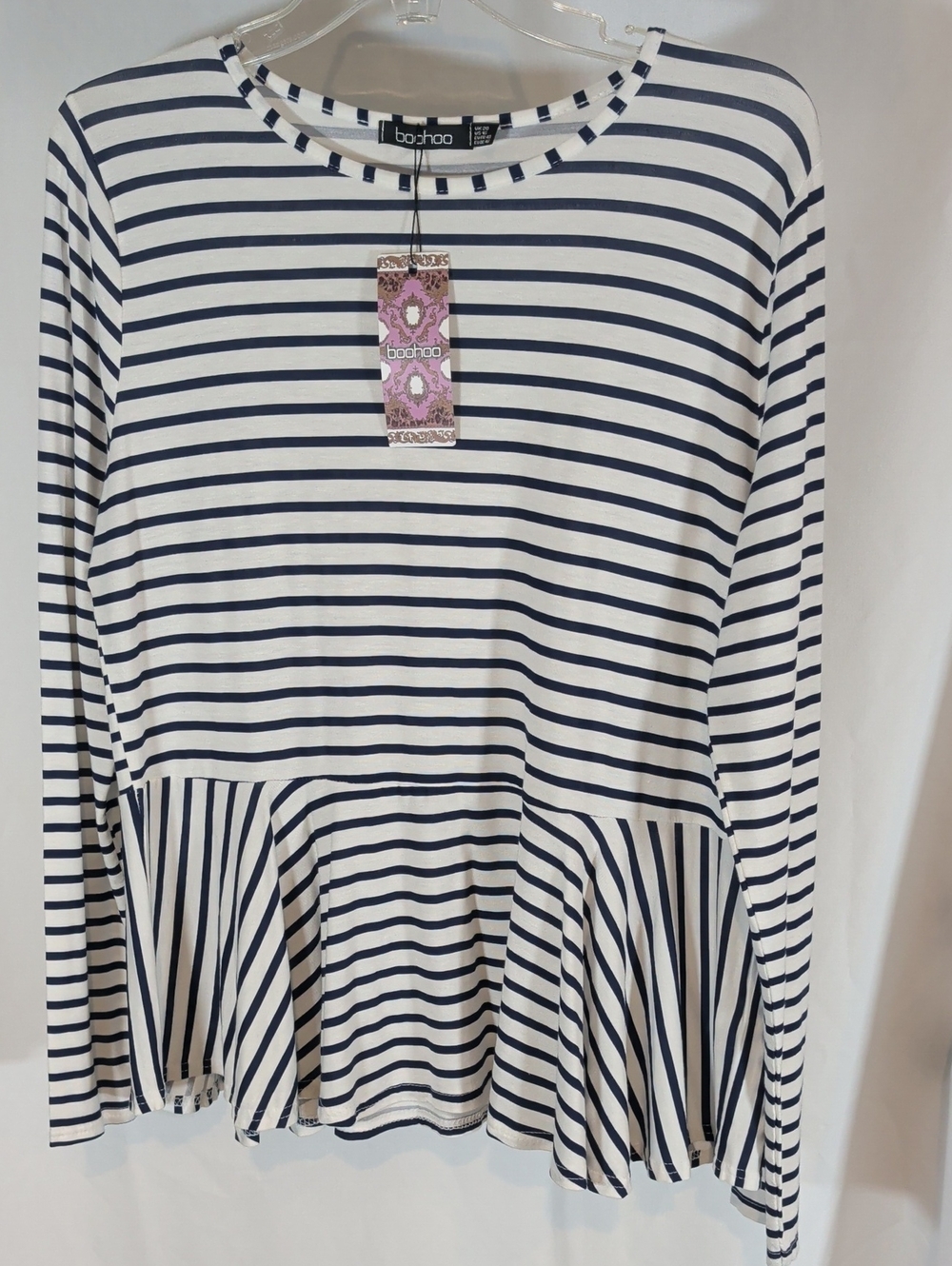 Boohoo Navy & White Striped Peplum Long-Sleeve Top